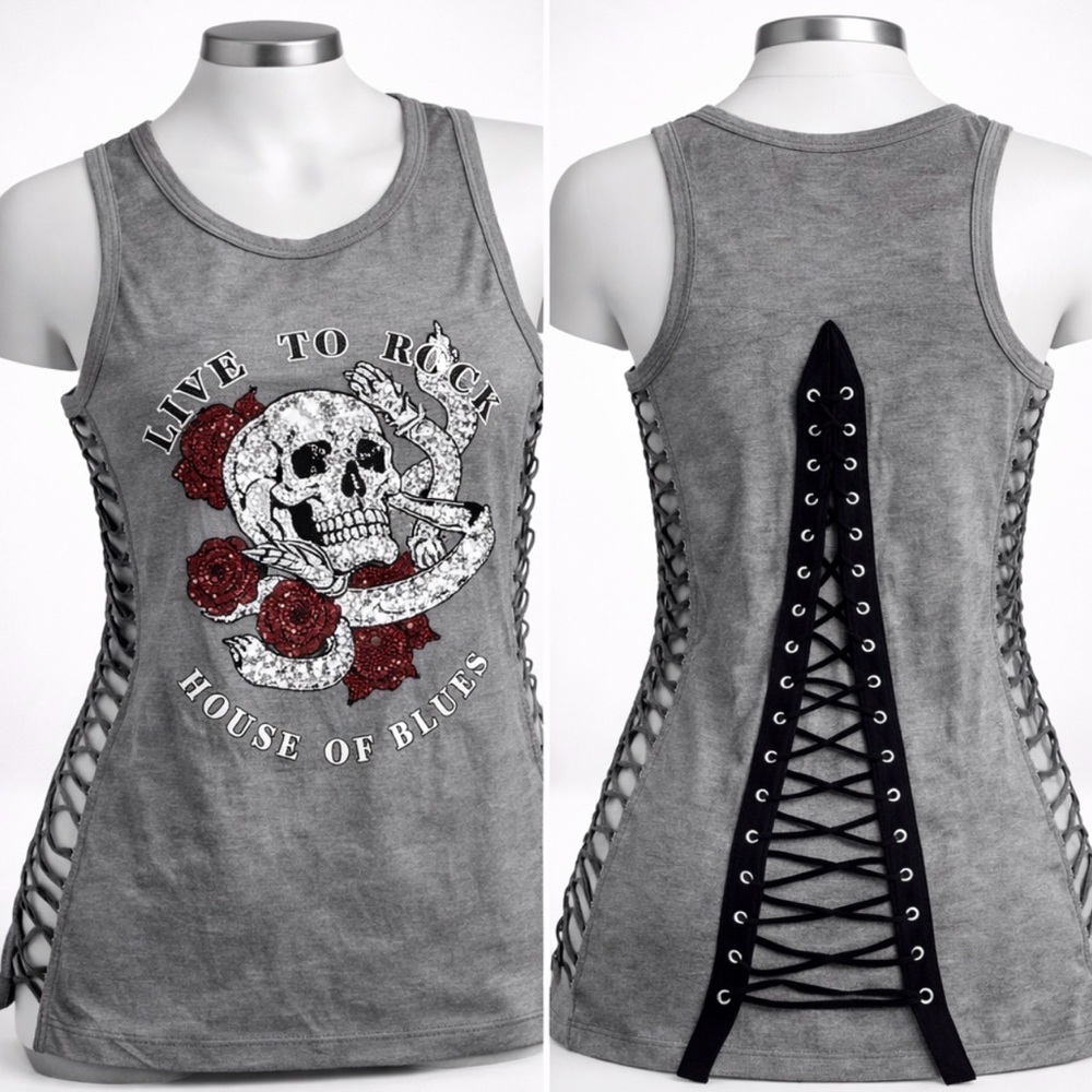 NWT House of Blues Gray Tank Top Skull Rhinestones Side Cut Out Back Size XS